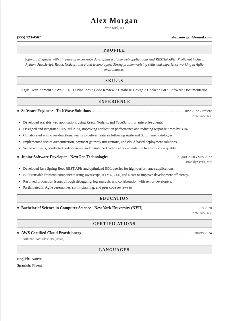 Classic serif ATS resume template with centered name, ruled contact bar and grey section bands