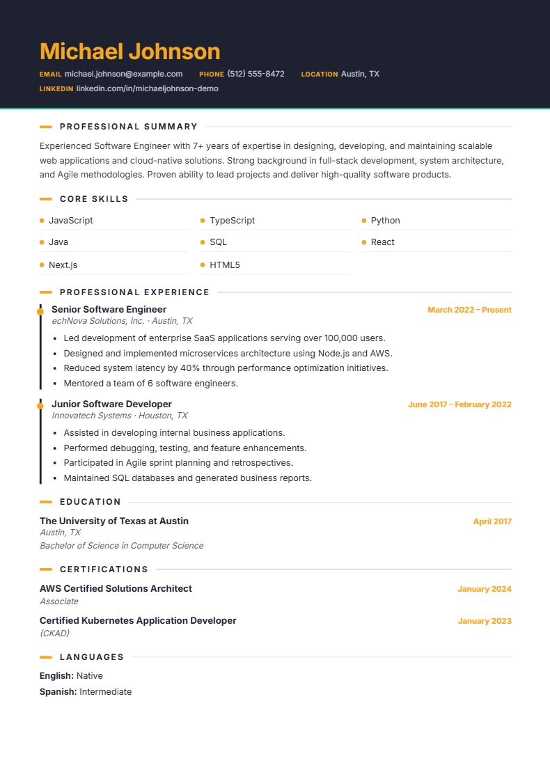 Dark Sidebar two-column ATS resume template with a contact and education sidebar