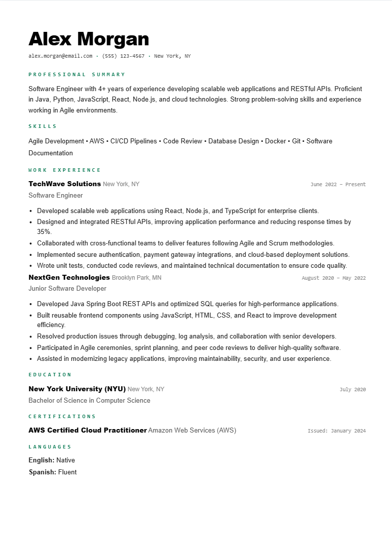 Swiss Modern ATS resume template with monospace section labels and hairline rules