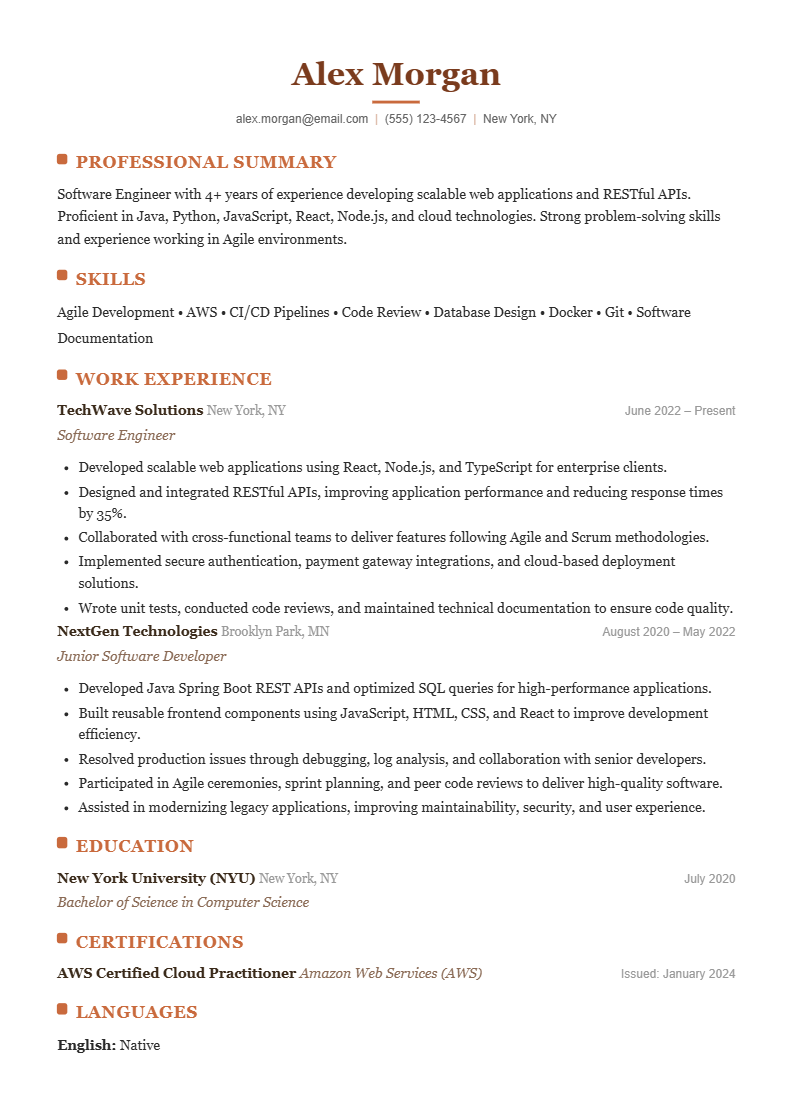 Warm serif ATS resume template with centered header and soft accent
