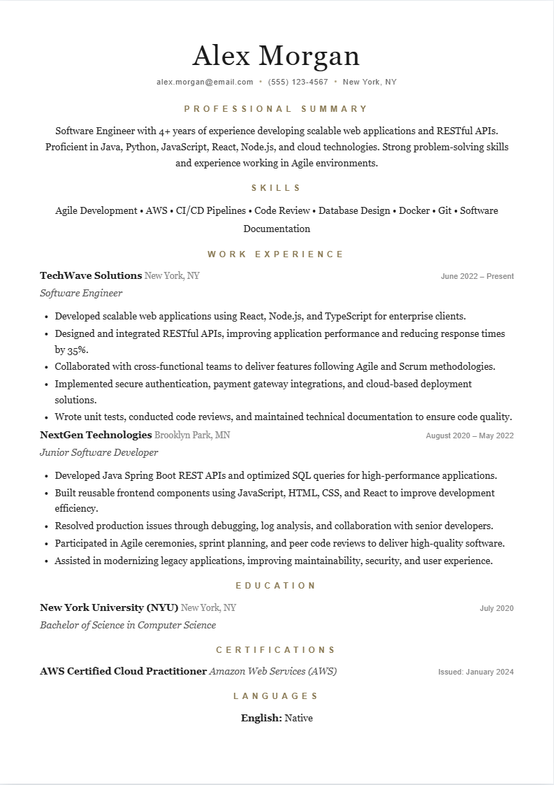 Editorial serif ATS resume template with centered name and refined section labels